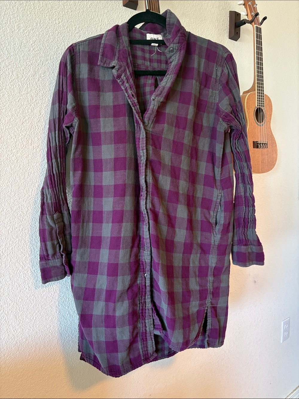 Pact Shirt Dress Plaid Purple Gray Button Down Long Sleeve Organic Cotton